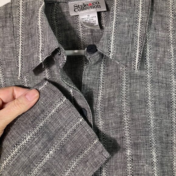 Womens Style & Co Collection Linen Button Shirt Gray Black White 10 Long Sleeve - Picture 3 of 8